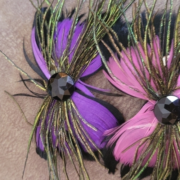 VTG 1980s Fairycore Doll Real Peacock Feather Bow Hair Clip Flamenco Barrettes - Picture 3 of 6